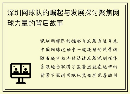 深圳网球队的崛起与发展探讨聚焦网球力量的背后故事