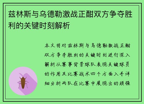 兹林斯与乌德勒激战正酣双方争夺胜利的关键时刻解析