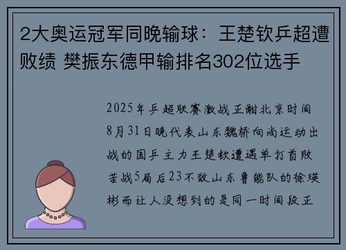 2大奥运冠军同晚输球：王楚钦乒超遭败绩 樊振东德甲输排名302位选手